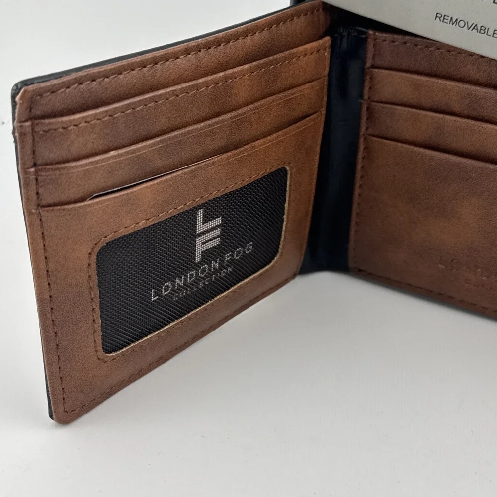 London Fog Mens Leather Bifold Passcase Wallet Brown Black RFID Blocking Tin
